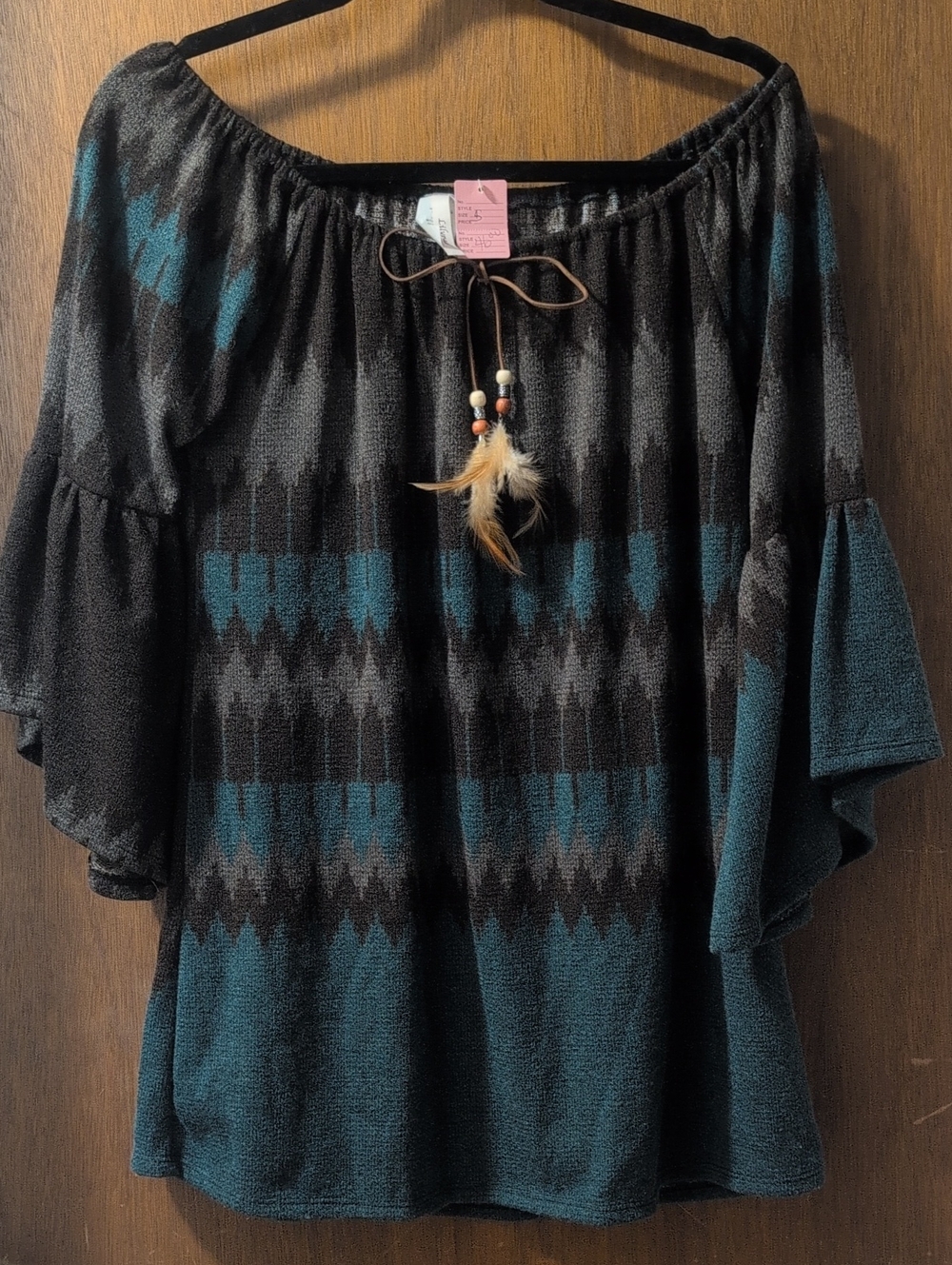 Boho Off-Shoulder Tunic Top in Teal and Black